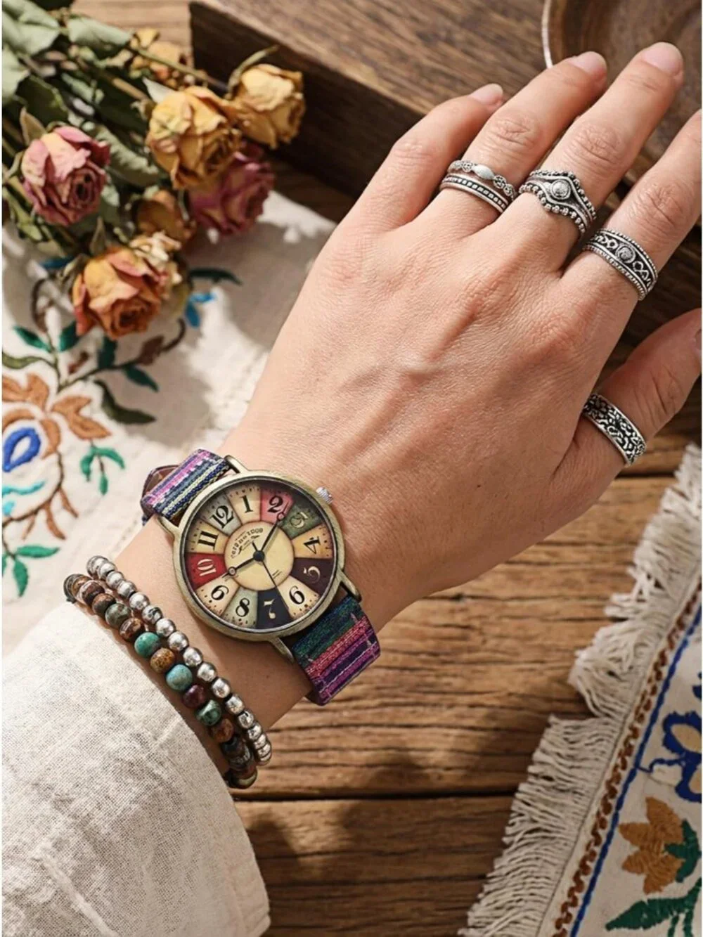 Women's Purple Creative Multicolor Woven Strap Fashion Rainbow Pattern Watches